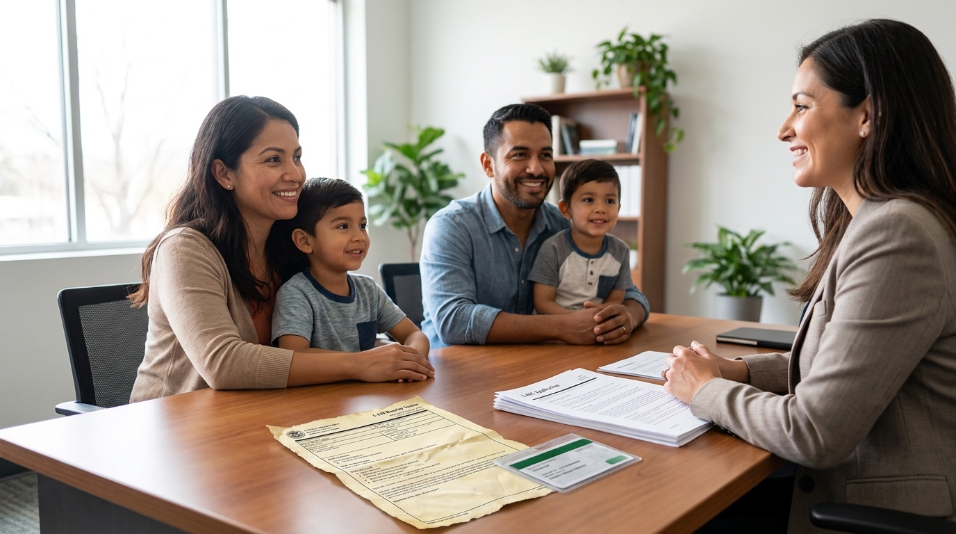 An immigration attorney and a hopeful family review an old I-130 receipt notice and a green card application at a desk, checking Section 245(i) grandfathering eligibility