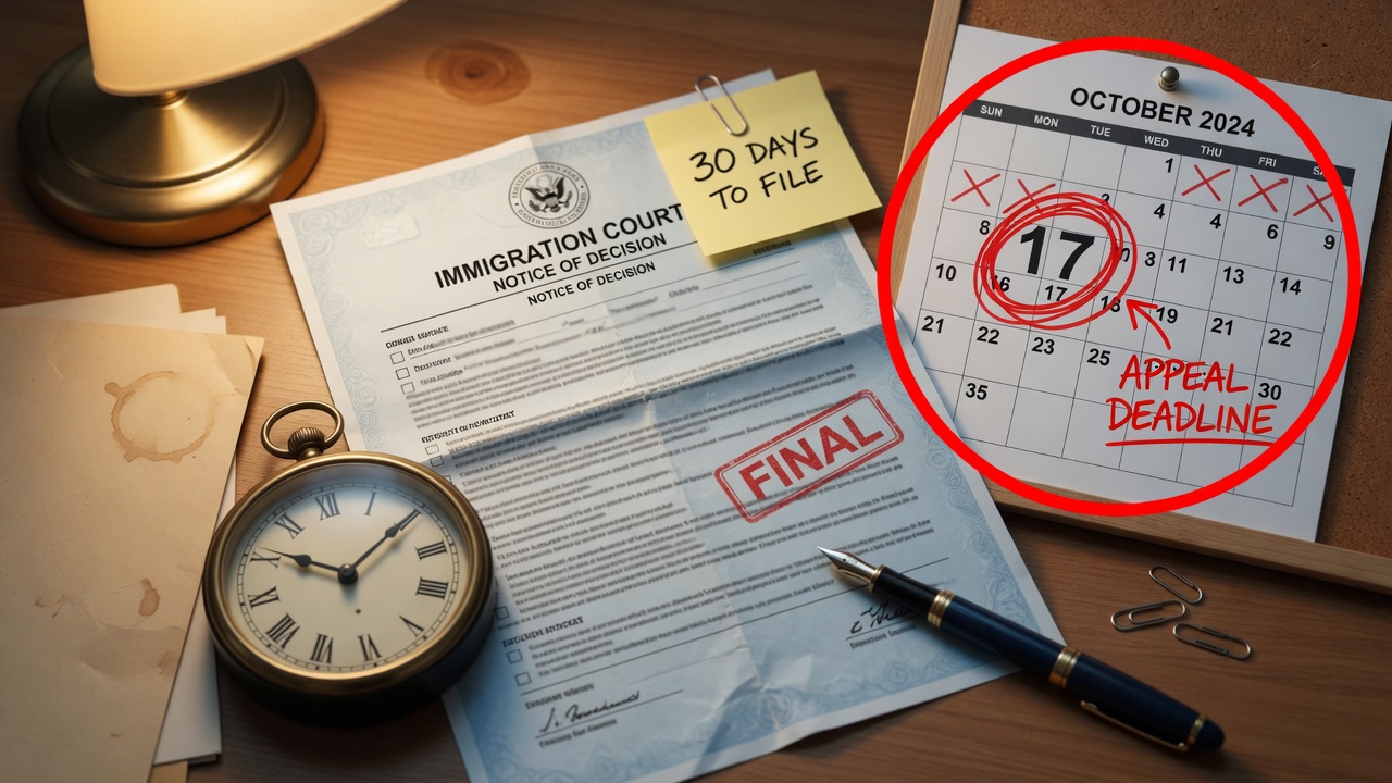 Asylum denial decision with appeal deadline calendar and Form EOIR-26 on a desk