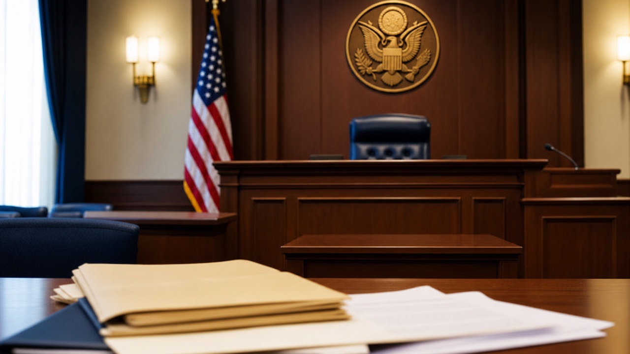 An immigration attorney stands beside an asylum applicant at the respondent's table in a U.S. immigration courtroom, presenting the case to the immigration judge after a referral from the asylum office