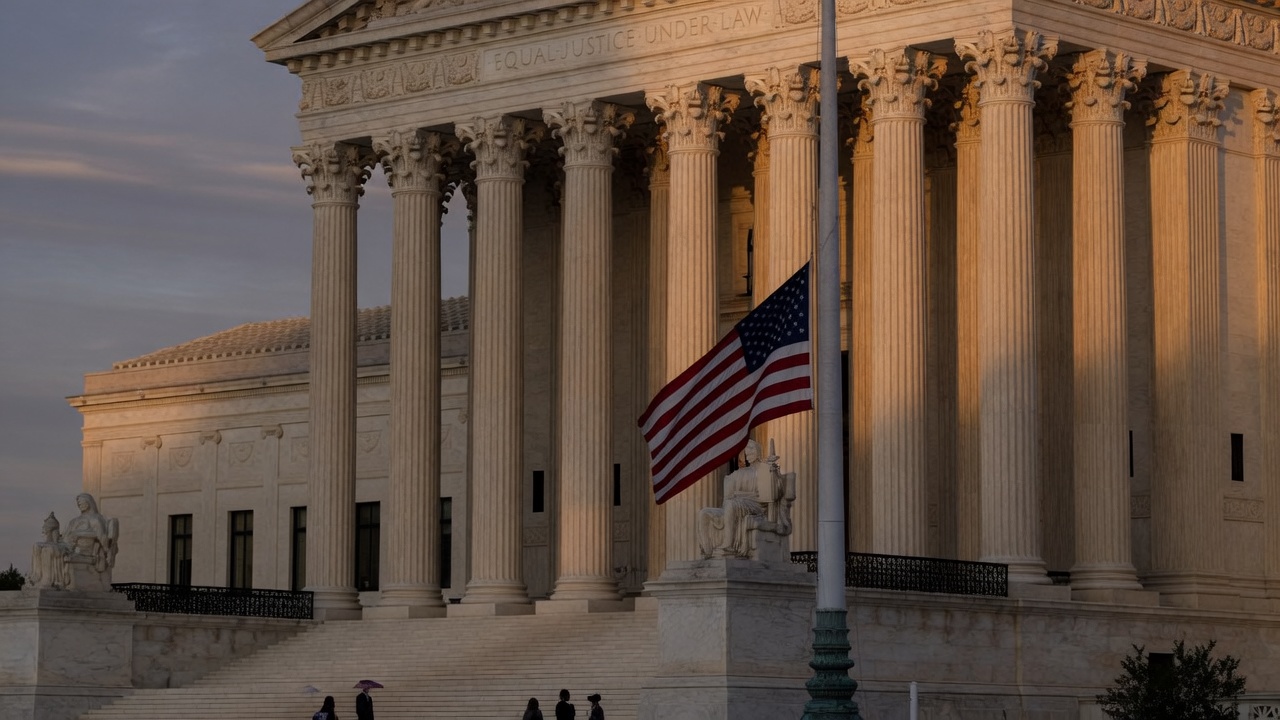 U.S. Supreme Court building at dawn with a birth certificate and passport, symbolizing the birthright citizenship ruling and birth tourism enforcement