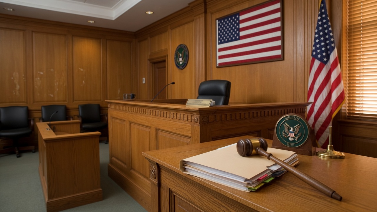 An empty immigration courtroom bench with a gavel, case file, U.S. flag, and DHS seal, representing an immigration bond hearing in 2026
