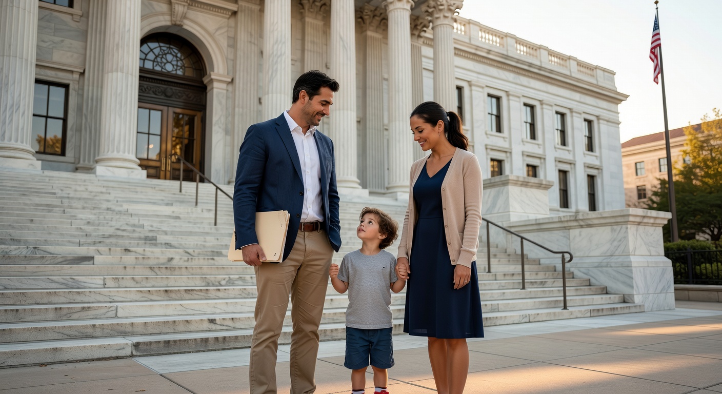 Family standing together outside immigration courthouse, looking hopeful after cancellation of removal hearing