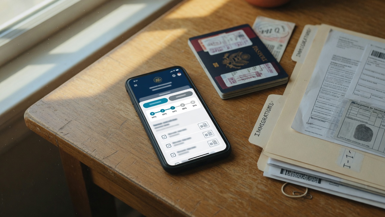 Phone showing a CBP Home departure screen beside a passport and immigration file