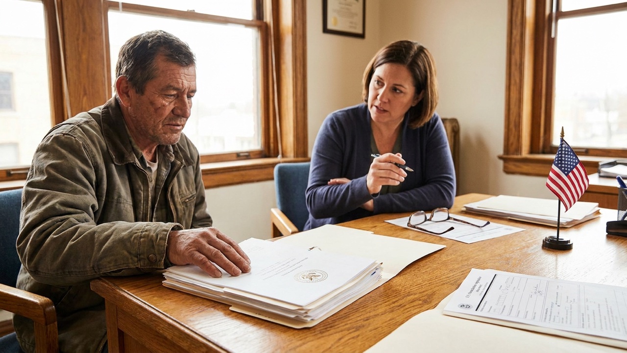 A green card holder reviews certified court records with an immigration attorney before filing Form N-400 for U.S. citizenship, American flag in the background