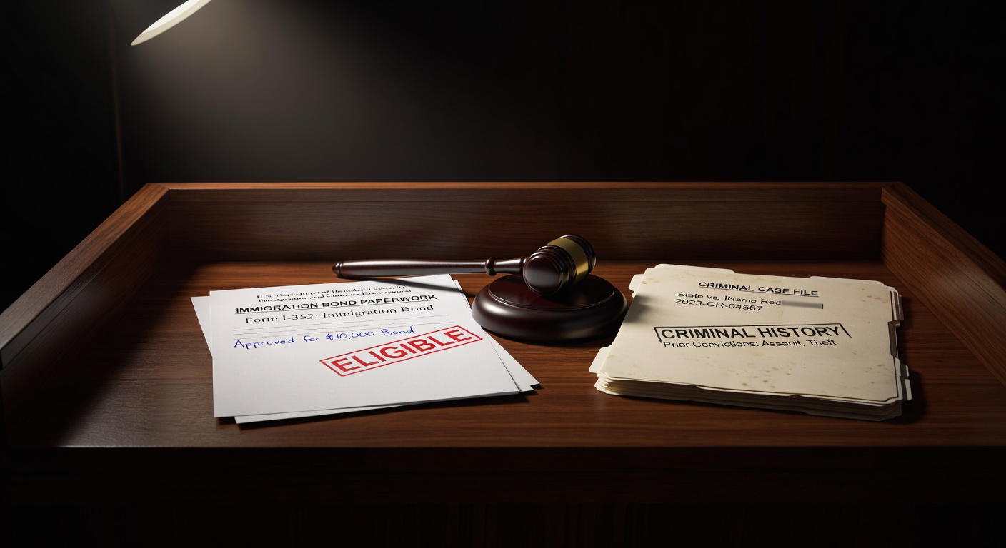 Gavel on judges bench next to immigration bond paperwork and criminal case file