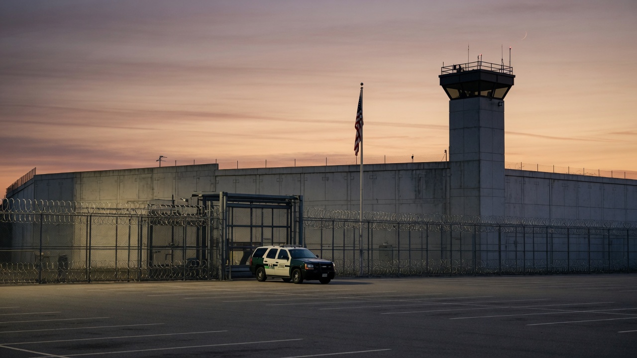 A large immigration detention facility exterior at dusk with tall walls, a watch tower, and an American flag, illustrating DHS's July 2026 $1.5 billion purchase of two California detention centers and the expansion of federal detention capacity