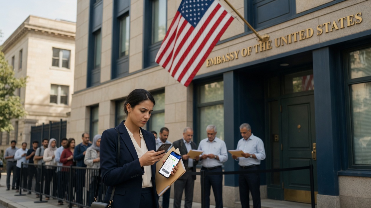 A U.S. consular waiting room with a fast-track lane, a passport, and a calendar marked ten business days, illustrating the new $750 expedited B-1/B-2 visitor visa interview pilot program