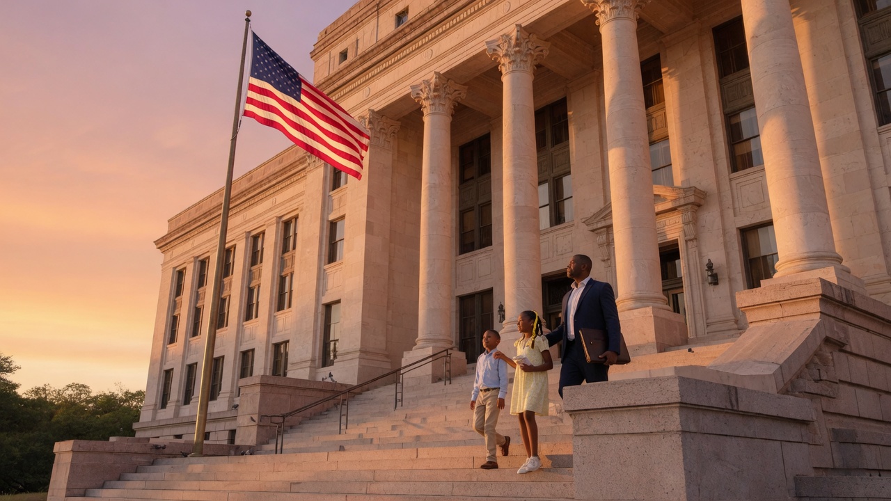 A federal courthouse in Texas at golden hour with an American flag, symbolizing the Fifth Circuit ruling restoring bond hearings for detained immigrants