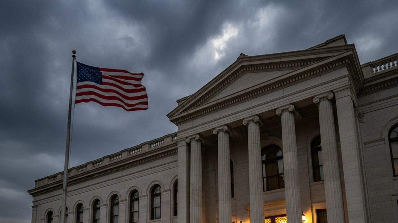 A federal appellate courthouse under gathering storm clouds at dusk with an American flag, symbolizing the Fifth Circuit en banc order vacating bond hearings for detained immigrants