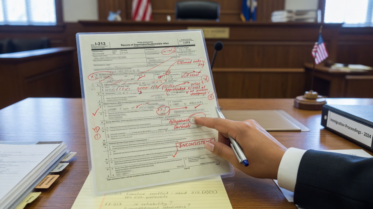 Annotated Form I-213 evidence packet on a courtroom table
