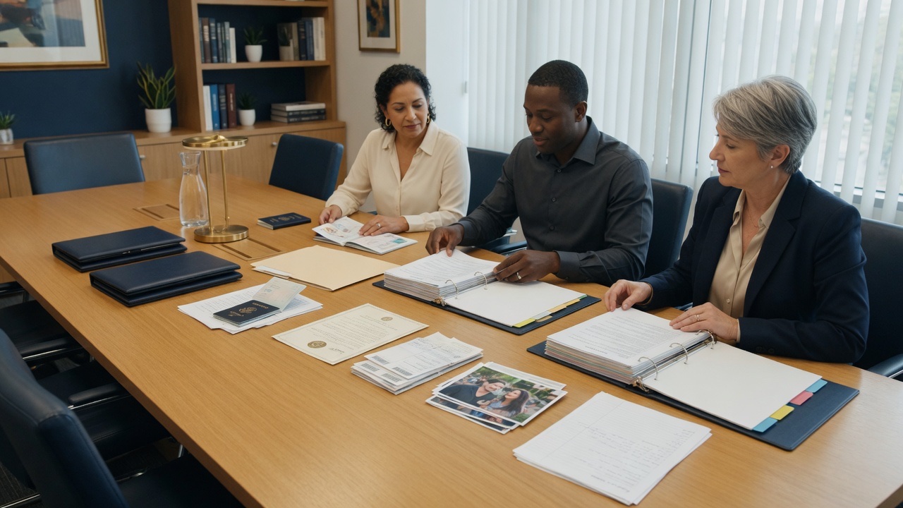 Immigration attorney coaching a married couple as they prepare documents for a USCIS green card interview