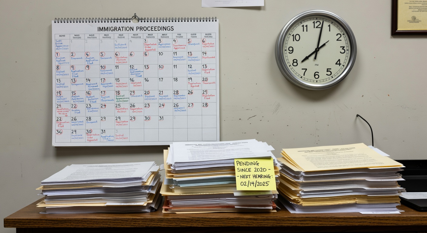 Calendar with marked dates and immigration court documents on a desk
