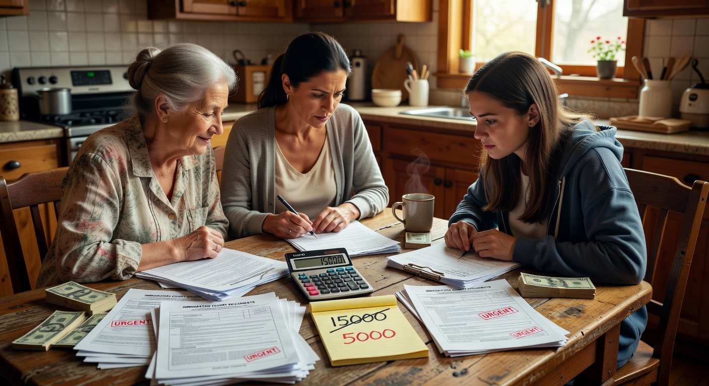 Family reviewing immigration bond documents and calculating costs at kitchen table