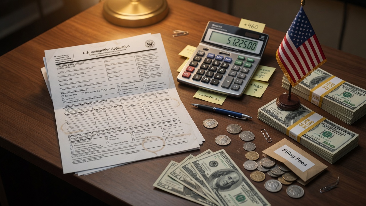A U.S. immigration application form on a desk beside a calculator, stacks of cash, coins, and an American flag, illustrating the complete 2026 USCIS immigration filing fee schedule including the new H.R.1 fees