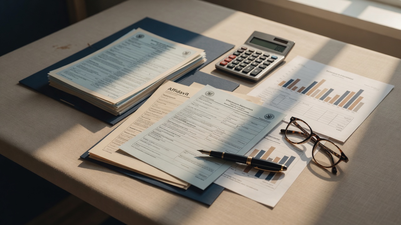 Form I-864 Affidavit of Support with a calculator, tax documents, and a pen on a desk, professional editorial photo