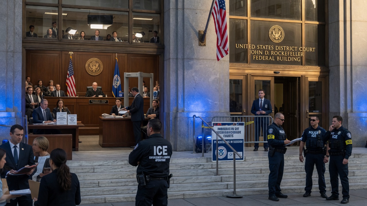 Exterior of a U.S. immigration courthouse with people walking toward the entrance