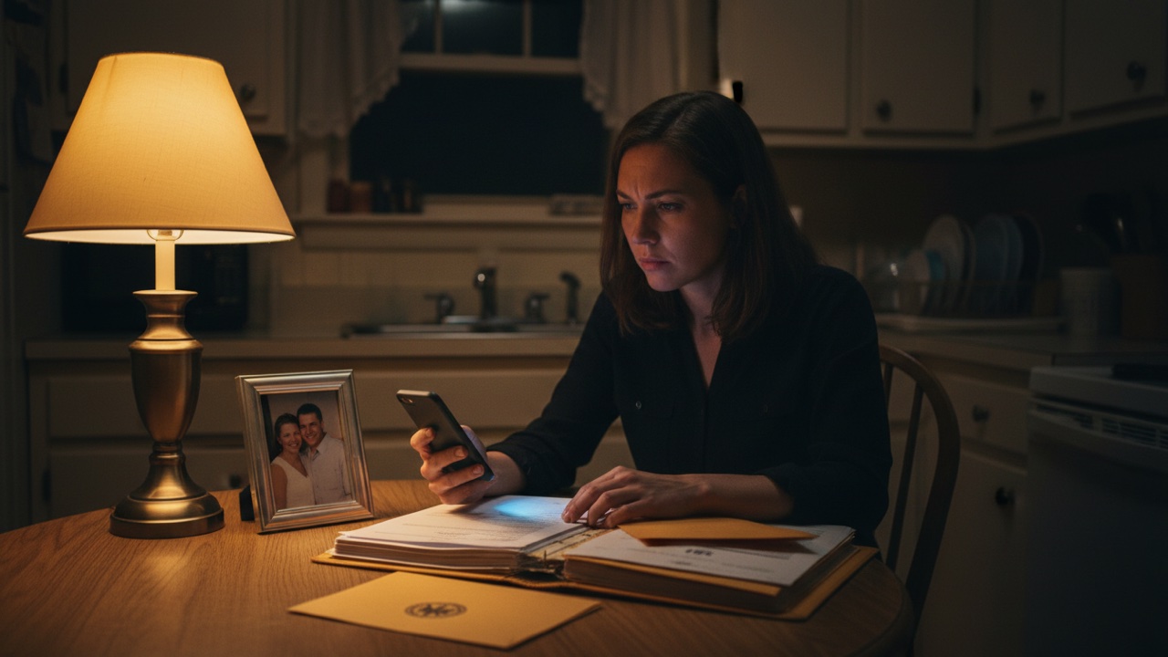 A worried U.S. citizen wife holds her phone and her husband's immigration paperwork at a kitchen table at night, searching the ICE detainee locator after her spouse was detained during their green card case