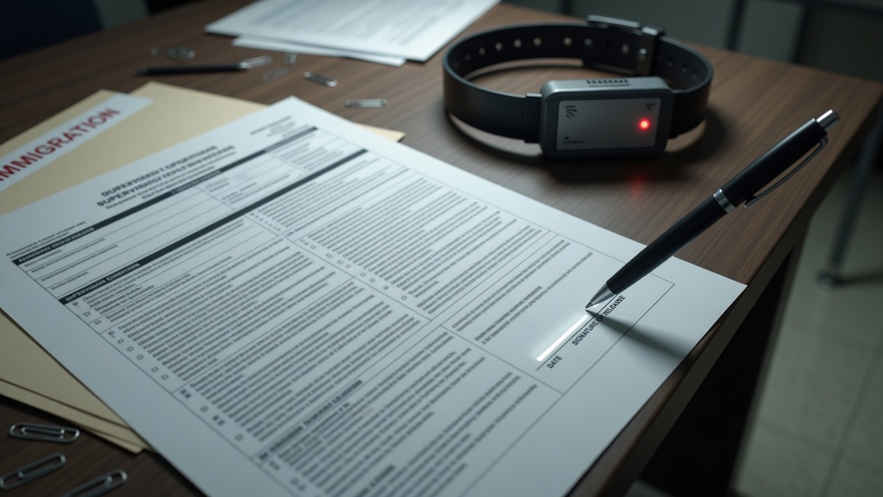 ICE Order of Supervision paperwork with check-in conditions and ankle monitor note