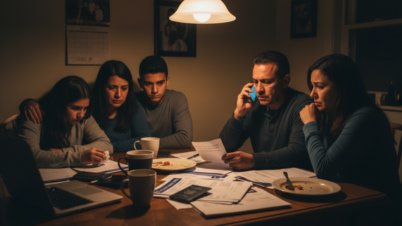 A family at a kitchen table late at night making phone calls and organizing documents after a loved one was detained by ICE, representing the critical first 48 hours after an immigration arrest
