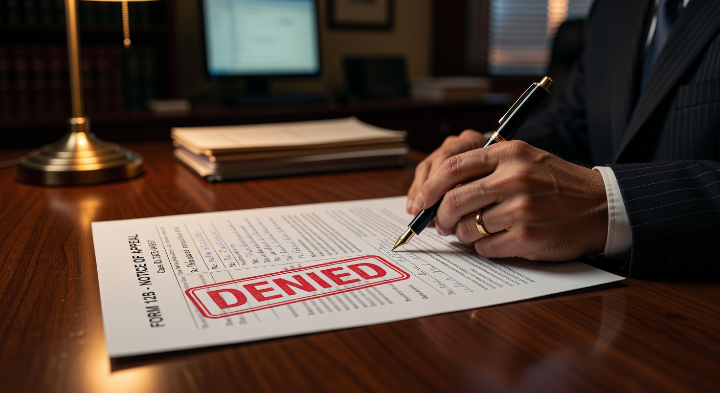 Адвокат апелляцияны даярдап жаткан столдун үстүндө четке кагуу жөнүндө мөөр басылган документ