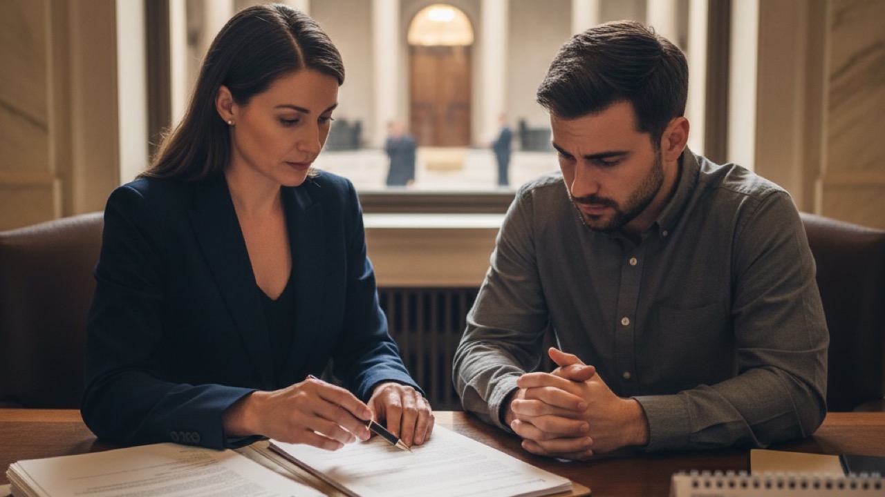 An immigration attorney and a worried client review an in absentia removal order and a calendar at a desk, preparing a motion to reopen to rescind the order