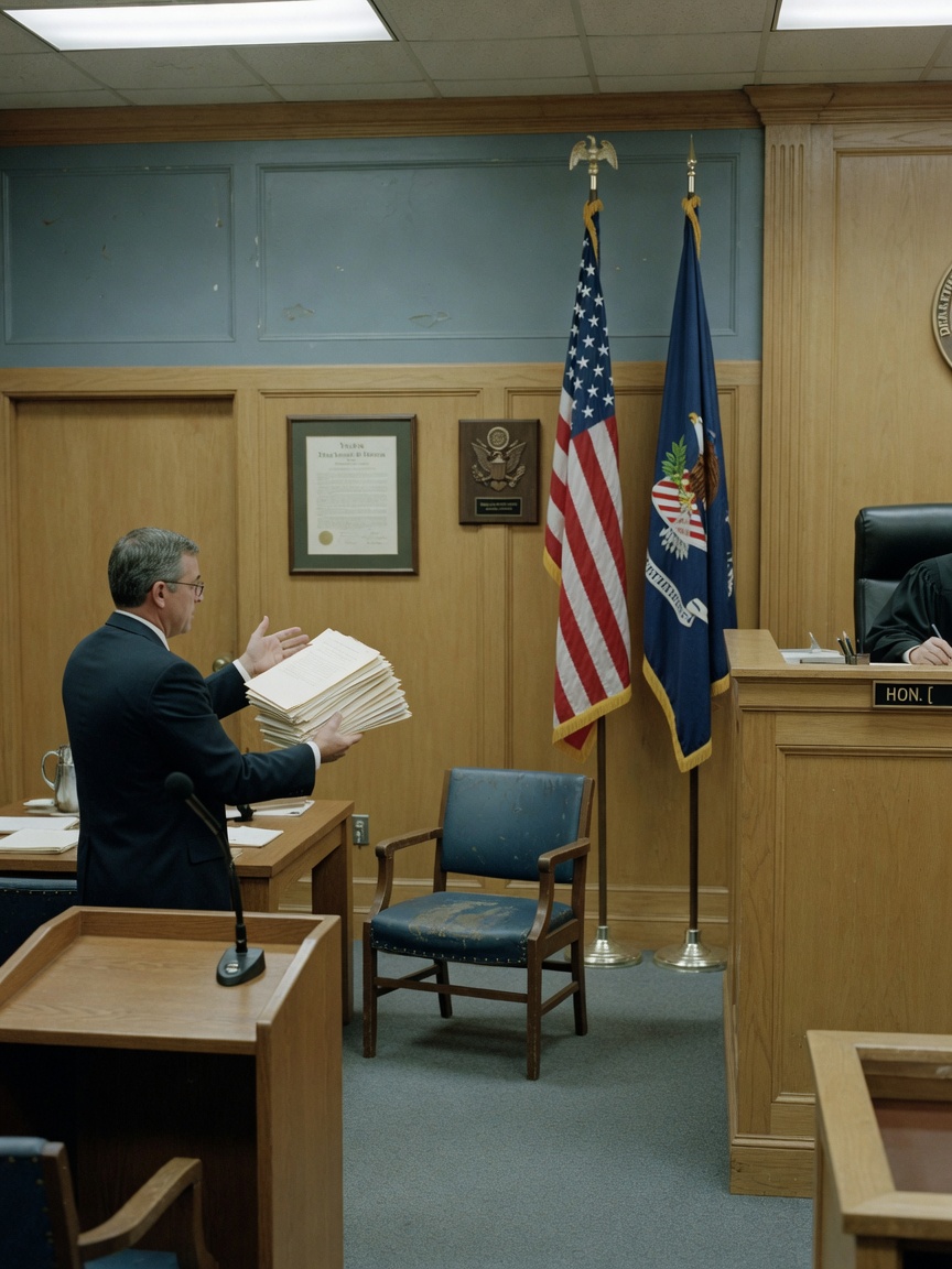 An attorney presents documents to a judge in an immigration courtroom, illustrating a motion to suppress unlawfully obtained evidence.