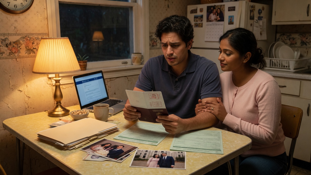 A married couple reviews green card application paperwork together at their kitchen table in the evening, the husband holding his passport with an expired visa