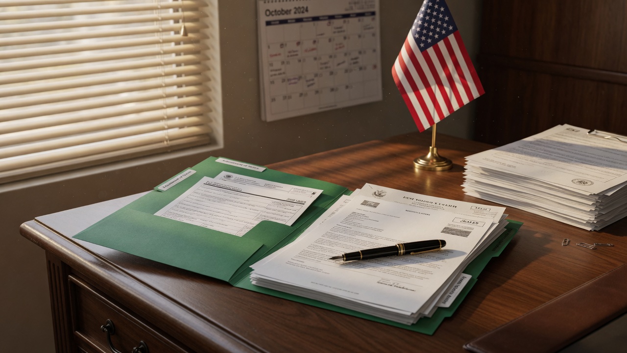 A green card application folder and pen on a desk beside an American flag, symbolizing the rescission of the 2022 public charge rule and the new Form I-485 requirement