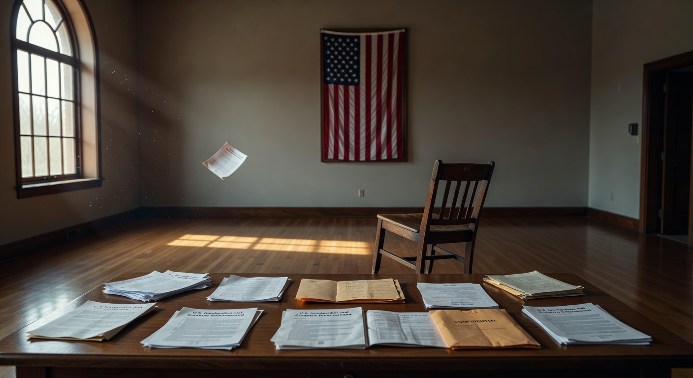 Empty immigration courtroom with abandoned defendant chair and scattered court documents