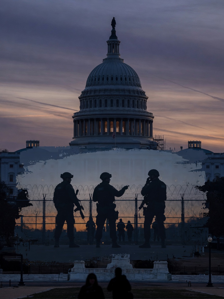 The U.S. Capitol at dusk with a detention-facility fence in the foreground, evoking large-scale immigration enforcement funding.