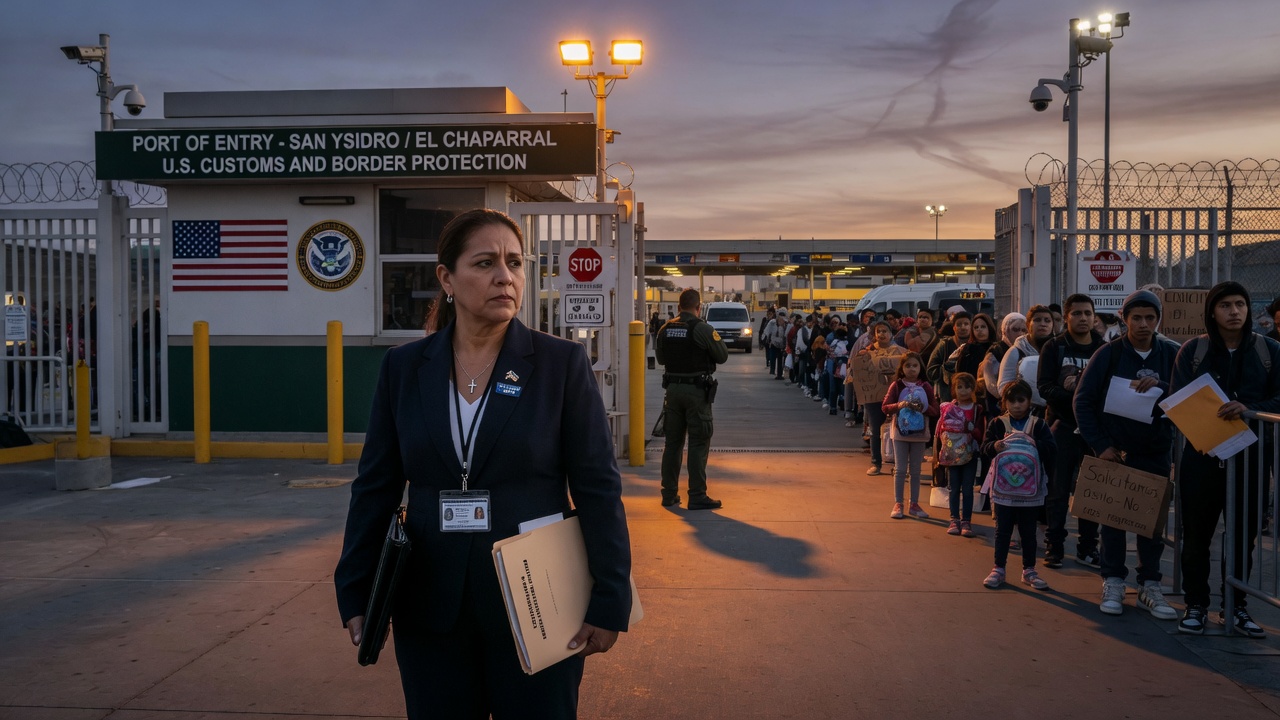 Supreme Court building with asylum seekers approaching a US port of entry, representing the metering ruling in Mullin v. Al Otro Lado 2026