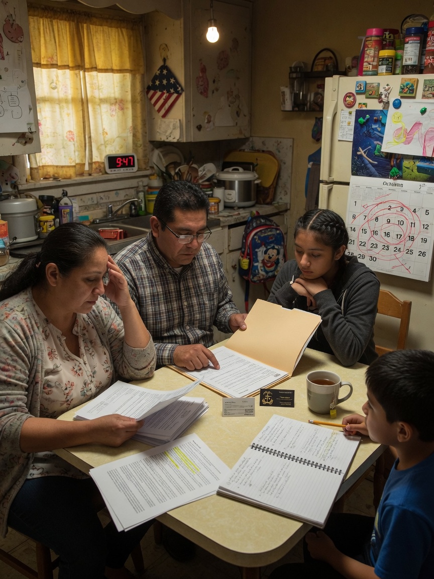 An immigrant family reviews legal documents and a calendar with a circled deadline at their kitchen table, planning their next steps before TPS ends.