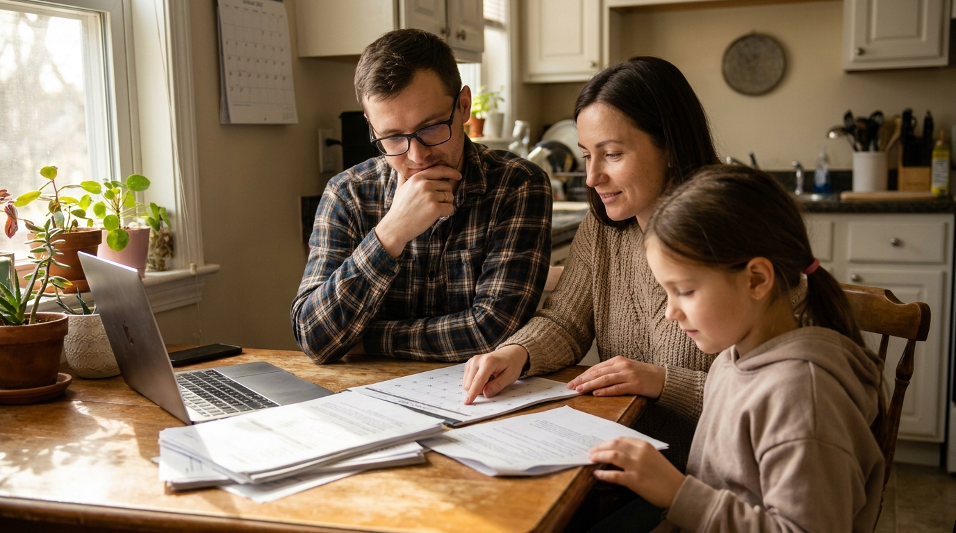 A Ukrainian family at home reviewing immigration paperwork and a calendar as their Uniting for Ukraine parole nears its expiration date, deciding how to stay lawfully in the United States