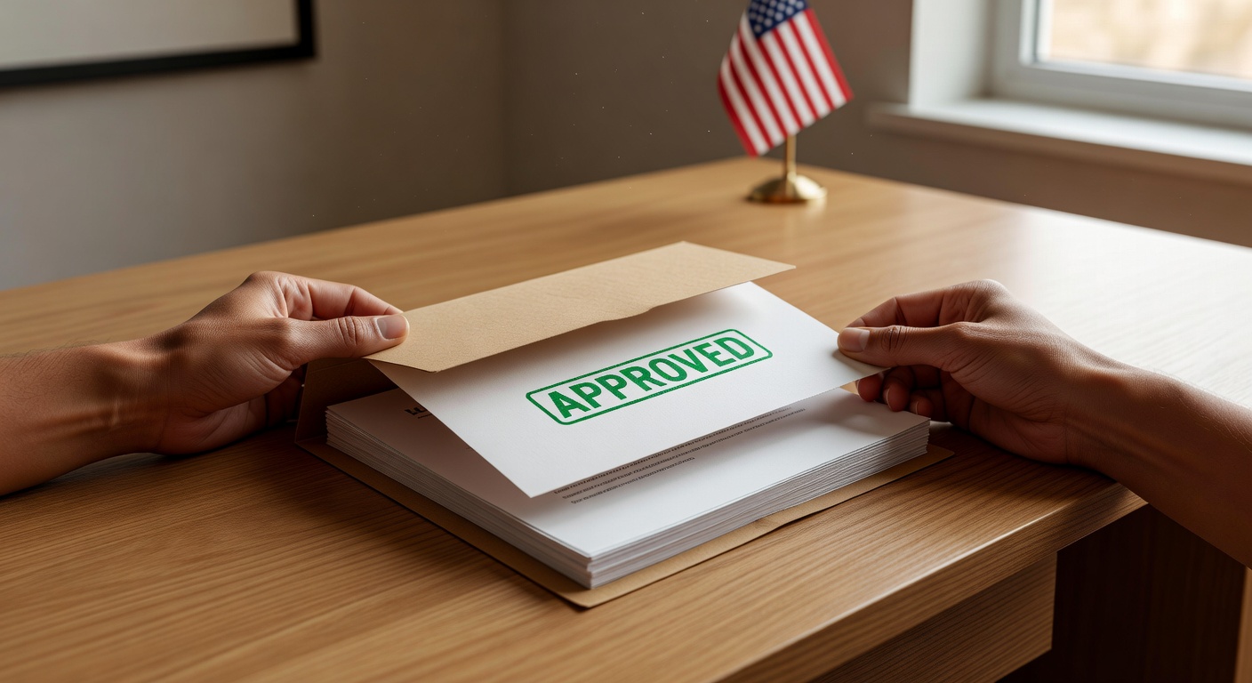 USCIS asylum application folder on a desk with legal documents and an American flag in the background