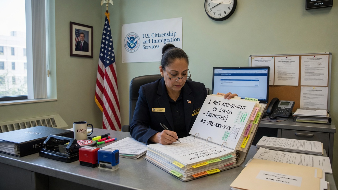 USCIS immigration officer reviewing I-485 application with documents showing positive equities