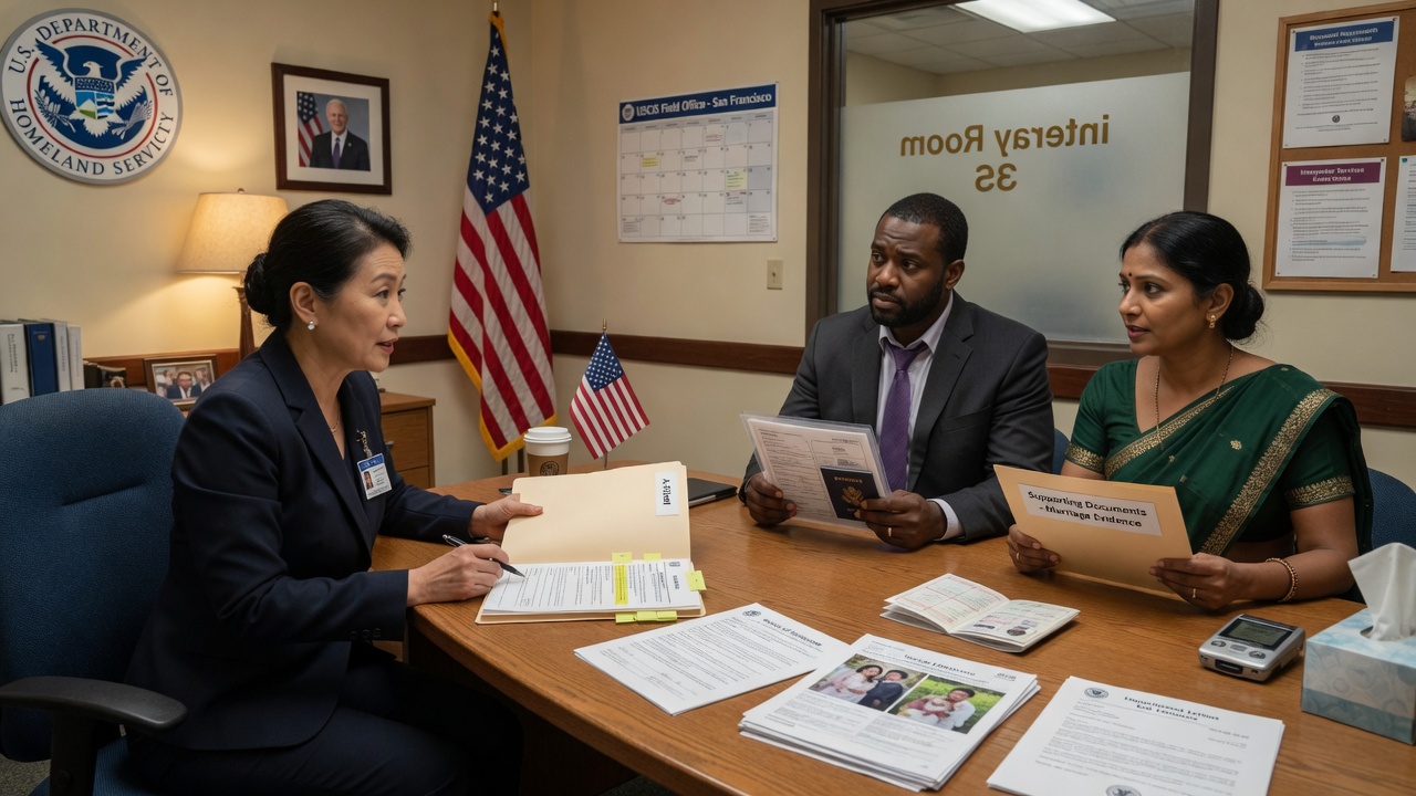 Immigration attorney and immigrant couple preparing for USCIS green card interview