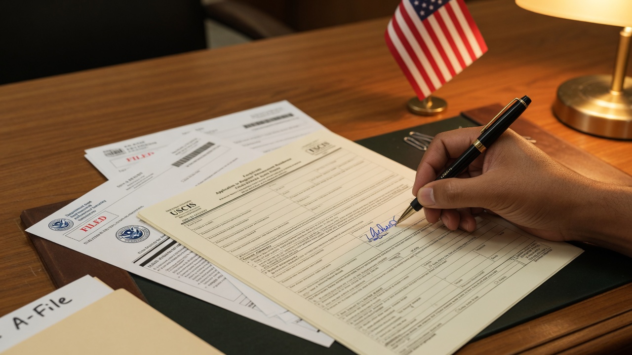A hand signing an official USCIS immigration form in wet ink at a desk, with an American flag in the background, illustrating the new DHS signature rule effective July 10, 2026