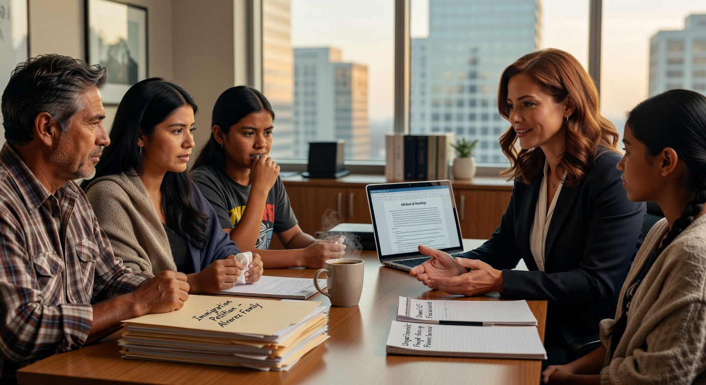 Immigration attorney meeting with a worried family in a law office