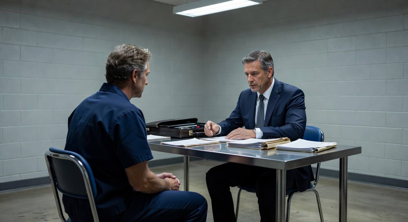 Immigration detention facility hallway with attorney consulting detained client