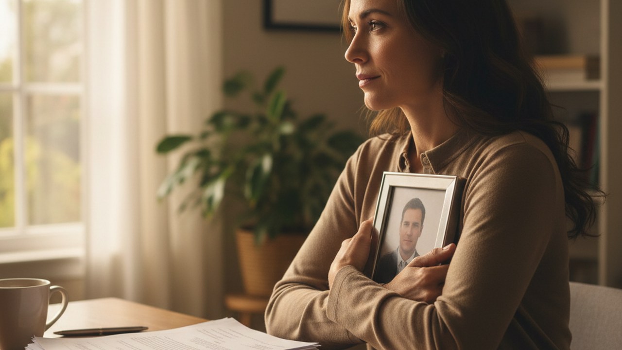 A widow sits at a desk at home holding her late husband's photograph in one hand and immigration paperwork in the other, soft window light